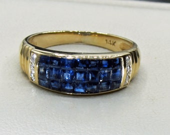 Estate 14k Square Cut Sapphire Diamond Wide Band