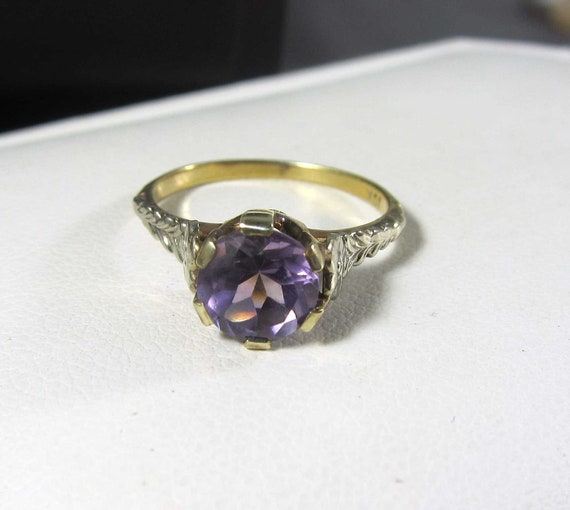Antique 10k 2 Tone Floral Engraved Amethyst Ring Etsy