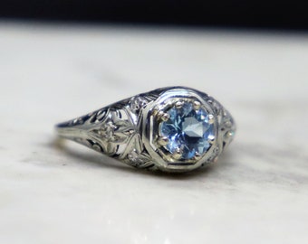 Antique Deco 14k Aqua Marine Diamond Filigree Ring - March Birthstone