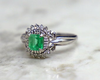 Estate Platinum Emerald Diamond Engagement Ring