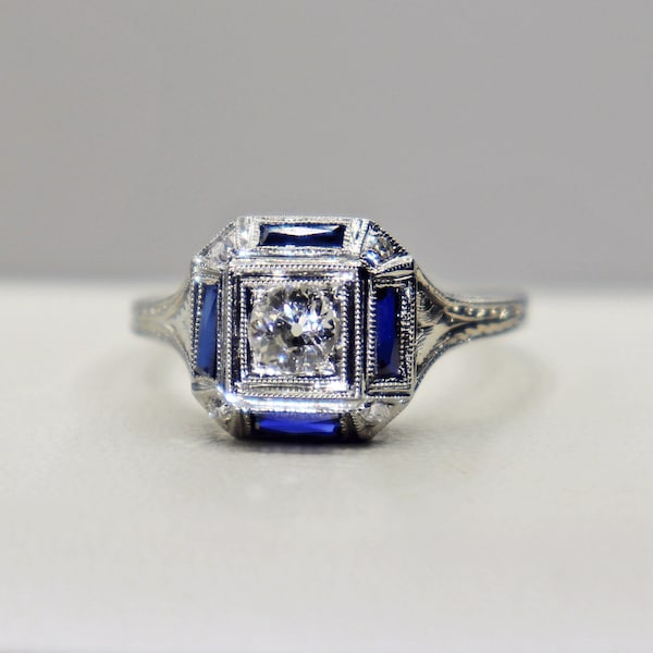 Antique Deco 18k Old Mine Cut Diamond  Sapphire Filigree Engagement Ring