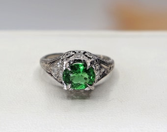 Antique Art Deco Platinum Tsavorite Diamond Encrusted Engagement Ring