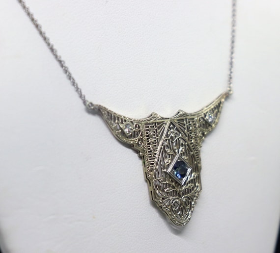 Antique Art Deco 14k Filigree Diamond Sapphire Pe… - image 7