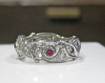 Vintage Platinum Wide Carved Ruby Diamond Band