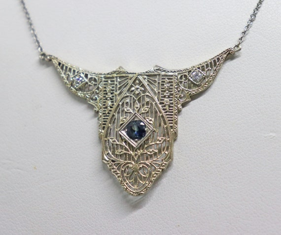 Antique Art Deco 14k Filigree Diamond Sapphire Pe… - image 1
