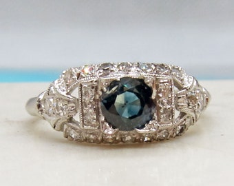 Antique Platinum Sapphire Diamond Engagement Ring