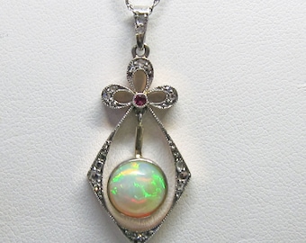 Antique Platinum 14k Rose Cut Diamond Opal Lavaliere Pendant