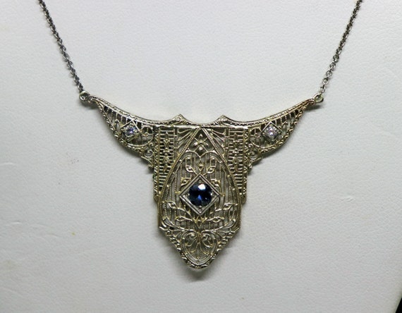 Antique Art Deco 14k Filigree Diamond Sapphire Pe… - image 3
