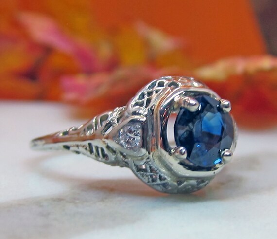 Antique Art deco 18k Sapphire Diamond Engagement … - image 2