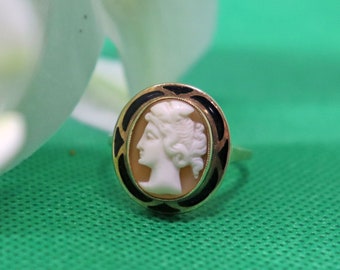 Antique 10k Victorian Carved Cameo with Black Enamel Accent Ring