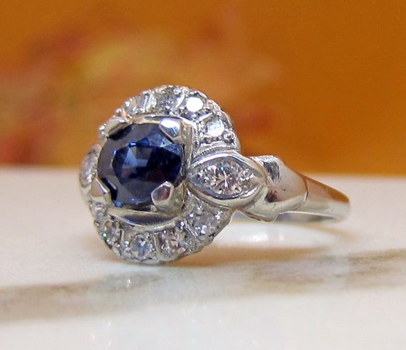 Antique Platinum Sapphire Diamond Engagement Ring - image 3