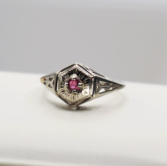 Antique Art Deco 14k Ruby Filigree Engagement Ring - image 2