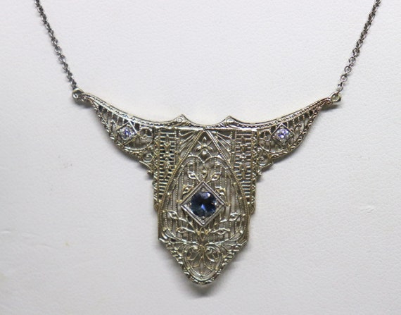 Antique Art Deco 14k Filigree Diamond Sapphire Pe… - image 4