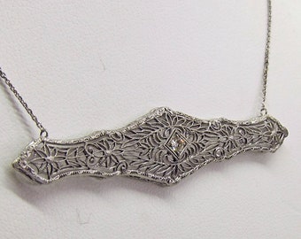 Antique Art Deco 14k Filigree Diamond Pendant Necklace