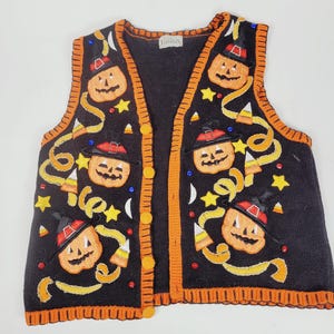 Vintage Basic Editions Halloween Pumpkin Sweater Vest V-Neck Black Orange Size S
