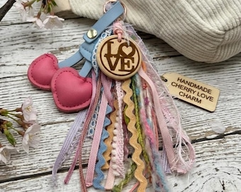 Tassel Bag Charm • Fabric Ribbon with Customizable Wood Charm
