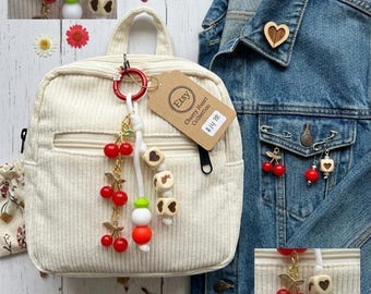 Personalized Cherry Charm Keychain, Paracord Wood Beads Bag Accessory