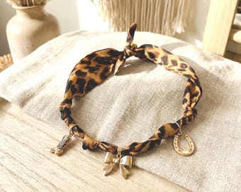 Leopard Print Scarf Necklace, Gold Bow Charm Choker, Boho Bandana Jewelry