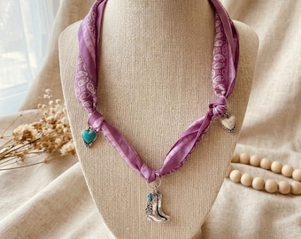 Purple Paisley Scarf Necklace, Cowboy Boot Heart Charms, Western Boho Coastal Jewelry