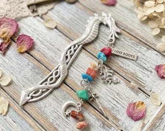 Bookmark Fantasy Silver or Bronze Dragon with Natural Stone and Charms. Shepherd Hook.