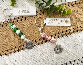 Inspirational Custom Leather Keychain with Glass Bead Dangle. Heartfelt Gift.