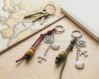Personalized Travel Paracord Keychain, Custom Name Charm, Wood Beads, Airplane Globe Compass