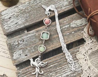 Bookmark Metal and natural stone. Shepherd hook, bird theme gifts for a book lover.