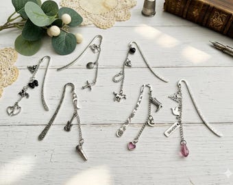 Bookmark Custom Silver Mini Hook with Vintage Charms. Personalized Metal Book Marker.