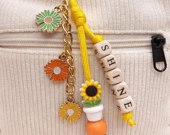 Personalized Paracord Bag Charm, Custom Name Keychain with Wood Beads, Sunflower Charm