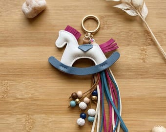 Handcrafted Rocking Horse Tassel Charm, Boho Lace Bag Accessory, Blue Whimsical Keychain