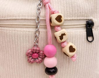 Personalized Paracord Bag Charm, Wood Letter Beads, Acrylic Flower Charm, Keychain Accessory