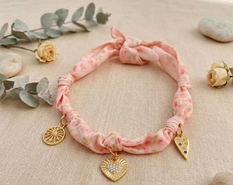 Peach Floral Scarf Necklace, Boho Bandana Choker with Gold Heart Sunburst Charms
