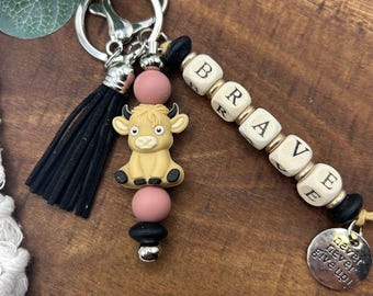 Personalized Keychain Highland Cow • Boho Silicone Bead Charm
