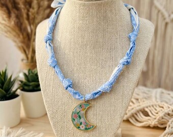 Floral Moon Scarf Necklace, Boho Celestial Linen Jewelry, Summer Festival Accessory