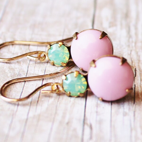 Pink Lemonade Earrings- Vintage Glass Dangle Earrings,Pink Milk Glass with Green Opal,14K Gold Plated Earring,Flower Girl,Pastel Shabby Chi