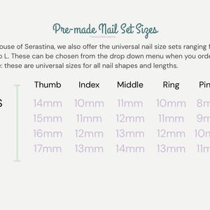 Puede incluir: Imagen que muestra las tallas de sets de u&ntilde;as prefabricados, de XS a L. Las medidas en mil&iacute;metros se indican para cada dedo: pulgar, &iacute;ndice, medio, anular y me&ntilde;ique. El texto tambi&eacute;n menciona tallas universales.