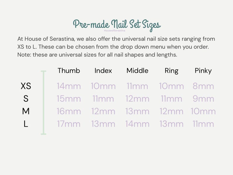 Puede incluir: Imagen que muestra las tallas de sets de u&ntilde;as prefabricados, de XS a L. Las medidas en mil&iacute;metros se indican para cada dedo: pulgar, &iacute;ndice, medio, anular y me&ntilde;ique. El texto tambi&eacute;n menciona tallas universales.
