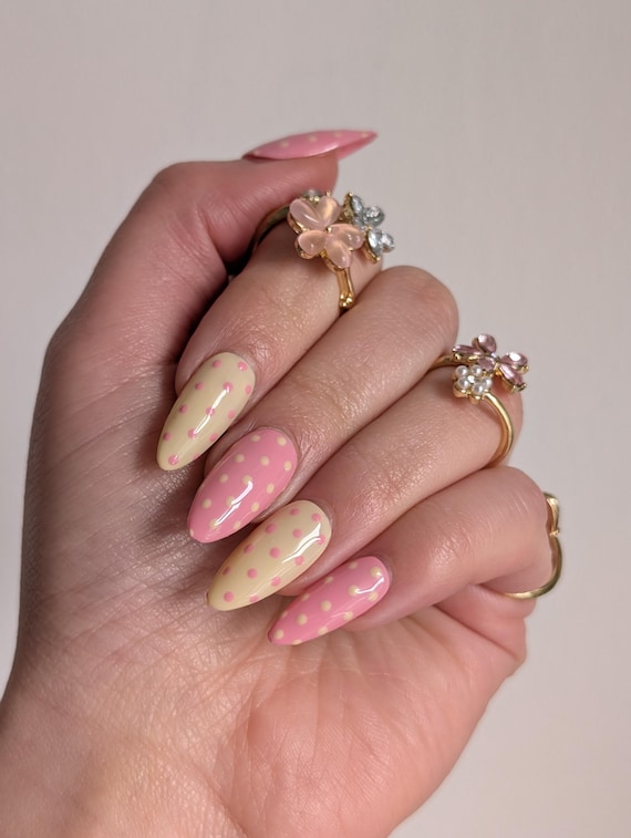 Pink Yellow Polka Dot Press On Nails | Battenberg Inspired Pastel Manicure