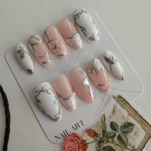 Handmade Pearl and Silver Floral Press Ons | Elegant Botanical Chrome Nails