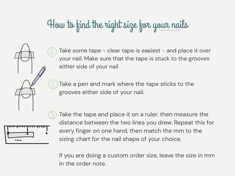 Puede incluir: Un gr&aacute;fico instructivo sobre un fondo crema, titulado "C&oacute;mo encontrar la talla correcta para tus u&ntilde;as". Detalla la medici&oacute;n del tama&ntilde;o de las u&ntilde;as con cinta adhesiva, un bol&iacute;grafo y una regla, con ilustraciones de cada paso. El texto aconseja dejar las tallas personalizadas en mm.