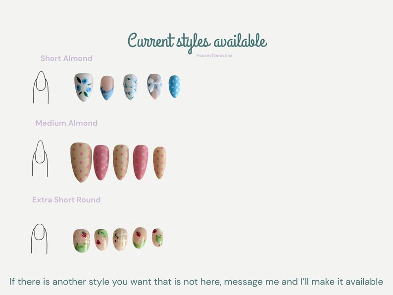 Puede incluir: Imagen que muestra varios estilos de u&ntilde;as: Short Almond, Medium Almond y Extra Short Round. Las u&ntilde;as presentan dise&ntilde;os como estampados florales, lunares y lazos. El texto en la imagen dice "Current styles available."