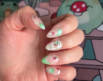 Uñas postizas estilo cottagecore con diseño de ranas hechas a mano / Set de manicura kawaii con temática de naturaleza