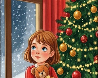 May include: Illustration of a young girl with brown hair and blue eyes holding a teddy bear, standing near a decorated Christmas tree. The scene is set by a window with falling snow and red curtains. The text "Le Noël de Lila" is at the bottom.