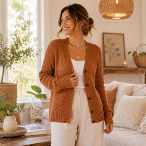 May include: A rust-coloured, open-knit cardigan featuring a V-neckline, long sleeves with ribbed cuffs, and a button-down front. The garment is worn over a plain white top and light-coloured trousers, showcasing a textured, lightweight knit pattern.