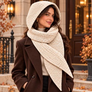 May include: A cream-colored hooded scarf featuring a textured, ribbed knit pattern. The accessory consists of a deep hood that transitions into two long, pointed ends that drape over the shoulders, worn over a dark brown coat and a light beige turtleneck.