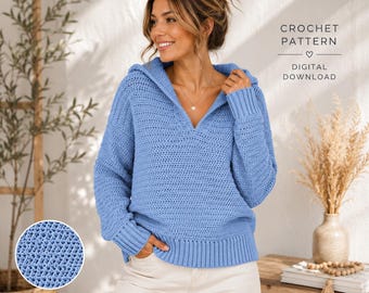 May include: A periwinkle blue long-sleeve hooded sweater with a textured crochet stitch pattern, a V-neckline, and ribbed cuffs and hem. The text CROCHET PATTERN DIGITAL DOWNLOAD is visible on the right side, with a circular detail of the stitch.