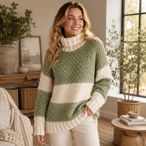 May include: A long-sleeved sweater featuring a chunky knit texture with horizontal stripes in sage green and cream. The garment has a high turtleneck collar and ribbed cuffs at the sleeves and hem, paired with light-colored trousers.