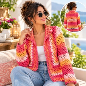 May include: A long-sleeve crochet cardigan featuring a vibrant gradient pattern of pink, orange, yellow, and white yarn. The garment has an open front design with a collar and long sleeves, showcasing a classic granny square stitch pattern throughout.