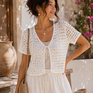 Crochet Mesh Top Pattern For Women XS-5XL Summer Cardigan Beach Cover Up PDF Instant Download Top Down DIY Breezy Mesh Easy Cropped Stitch