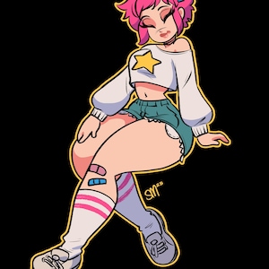 May include: Illustration of a person with pink hair wearing a white crop top with a yellow star, teal shorts, and white socks with pink stripes. The person is wearing sneakers and has a bandage on their knee. The background is black.